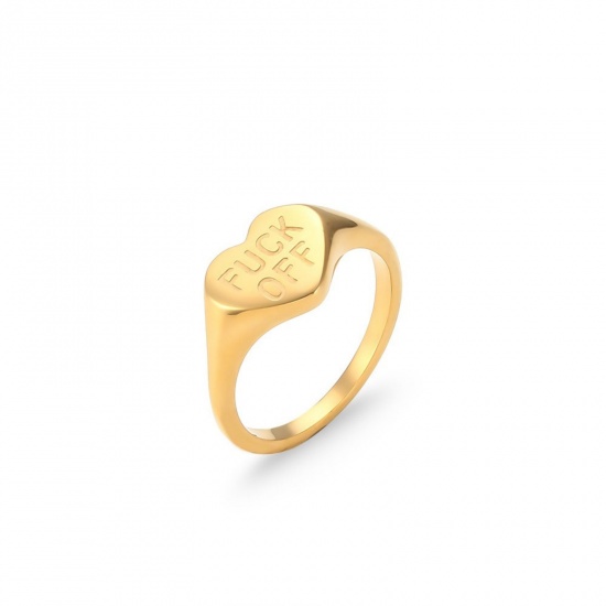 Picture of Wholesale Unisex Gift Heart Message " FUCK OFF " Polished Unadjustable Rings, 18K Gold Plated 304 Stainless Steel, PVD Valentine's Day Stylish Jewelry Supply, 18.1mm(US Size 8), 1 Piece
