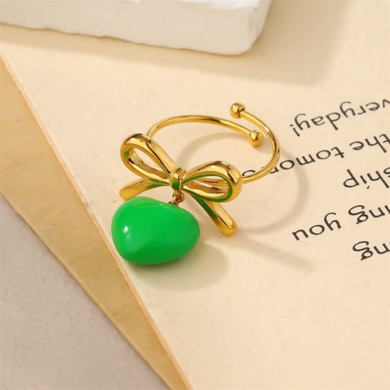 Picture of Wholesale Women's Gift Heart Green Open Adjustable Rings, 18K Gold Plated 304 Stainless Steel, Eco-friendly PVD Valentine's Day Stylish Jewelry Supply, 18mm(US Size 7.75), 1 Piece