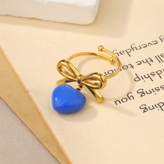 Picture of Wholesale Women's Gift Heart Blue Open Adjustable Rings, 18K Gold Plated 304 Stainless Steel, Eco-friendly PVD Valentine's Day Stylish Jewelry Supply, 18mm(US Size 7.75), 1 Piece