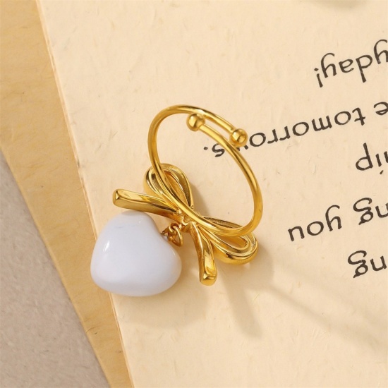 Picture of Wholesale Women's Gift Heart White Open Adjustable Rings, 18K Gold Plated 304 Stainless Steel, Eco-friendly PVD Valentine's Day Stylish Jewelry Supply, 18mm(US Size 7.75), 1 Piece