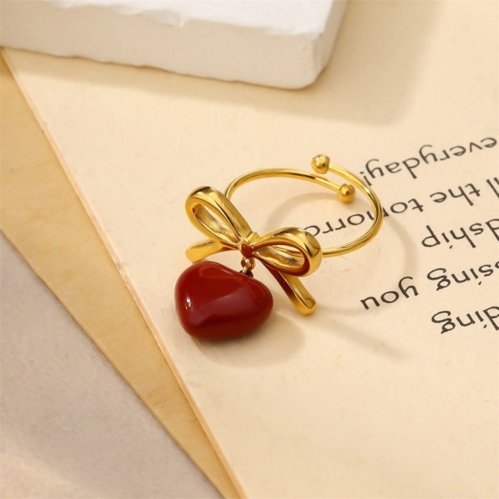 Picture of Wholesale Women's Gift Heart Red Open Adjustable Rings, 18K Gold Plated 304 Stainless Steel, Eco-friendly PVD Valentine's Day Stylish Jewelry Supply, 18mm(US Size 7.75), 1 Piece