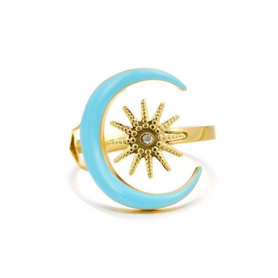 Picture of Wholesale Women's Gift Half Moon Blue Enamel Open Adjustable Rings, 18K Gold Plated 304 Stainless Steel, Eco-friendly PVD Galaxy Stylish Jewelry Supply, 18mm(US Size 7.75), 1 Piece