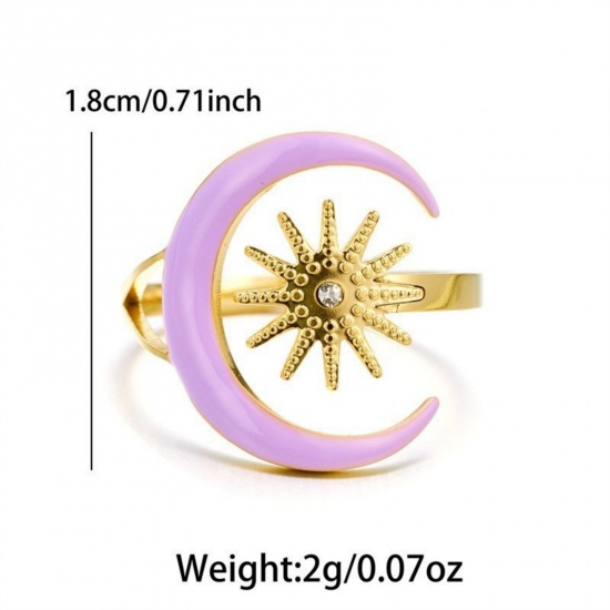 Picture of Wholesale Women's Gift Half Moon Purple Enamel Open Adjustable Rings, 18K Gold Plated 304 Stainless Steel, Eco-friendly PVD Galaxy Stylish Jewelry Supply, 18mm(US Size 7.75), 1 Piece