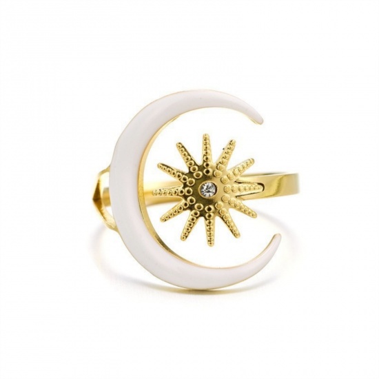 Picture of Wholesale Women's Gift Half Moon White Enamel Open Adjustable Rings, 18K Gold Plated 304 Stainless Steel, Eco-friendly PVD Galaxy Stylish Jewelry Supply, 18mm(US Size 7.75), 1 Piece