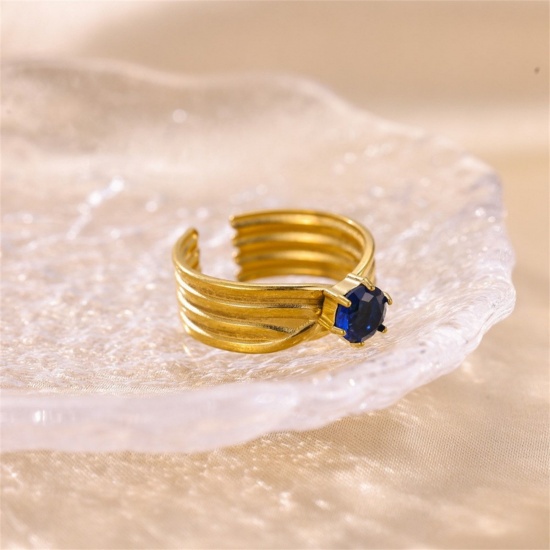 Picture of Wholesale Women's Gift Blue Cubic Zirconia Open Adjustable Rings, 18K Gold Plated 304 Stainless Steel, Eco-friendly PVD Ins Style Stylish Jewelry Supply, 18mm(US Size 7.75), 1 Piece