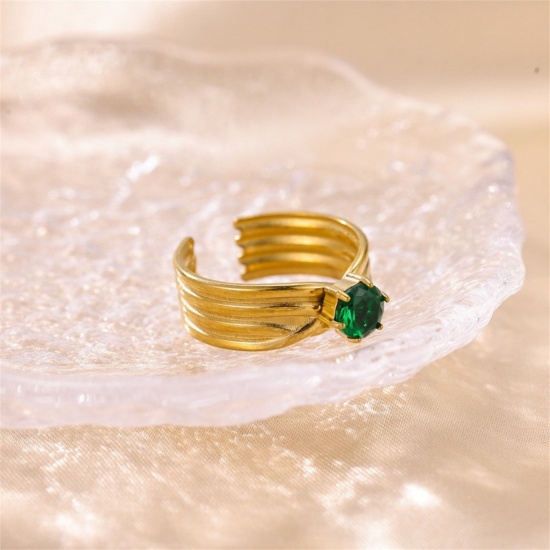 Picture of Wholesale Women's Gift Green Cubic Zirconia Open Adjustable Rings, 18K Gold Plated 304 Stainless Steel, Eco-friendly PVD Ins Style Stylish Jewelry Supply, 18mm(US Size 7.75), 1 Piece