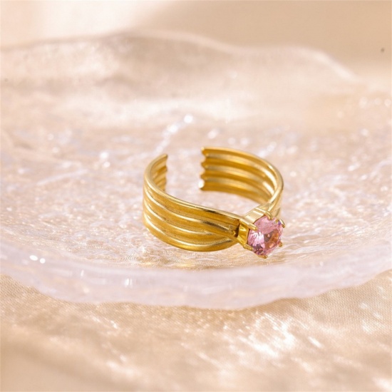 Picture of Wholesale Women's Gift Pink Cubic Zirconia Open Adjustable Rings, 18K Gold Plated 304 Stainless Steel, Eco-friendly PVD Ins Style Stylish Jewelry Supply, 18mm(US Size 7.75), 1 Piece