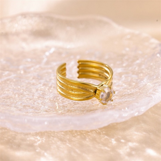 Picture of Wholesale Women's Gift Clear Cubic Zirconia Open Adjustable Rings, 18K Gold Plated 304 Stainless Steel, Eco-friendly PVD Ins Style Stylish Jewelry Supply, 18mm(US Size 7.75), 1 Piece