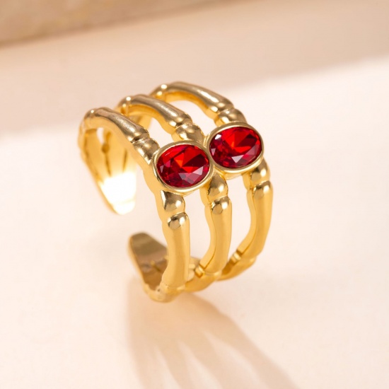 Picture of Wholesale Women's Gift Red Rhinestone Open Adjustable Rings, 18K Gold Plated 304 Stainless Steel, Eco-friendly Vacuum Plating Exquisite Stylish Jewelry Supply, 17.5mm(US size 7.25), 1 Piece