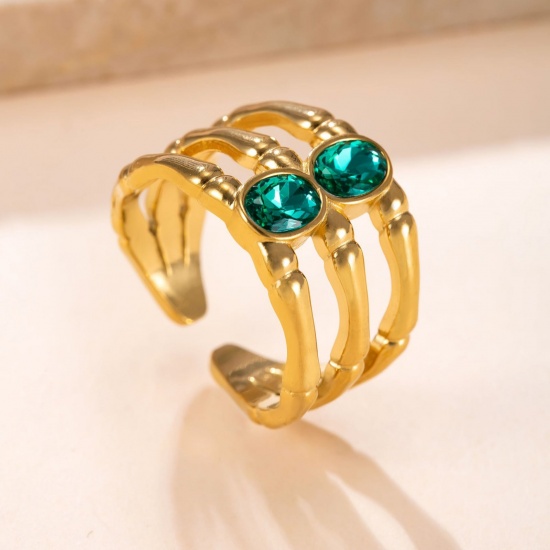 Picture of Wholesale Women's Gift Green Rhinestone Open Adjustable Rings, 18K Gold Plated 304 Stainless Steel, Eco-friendly Vacuum Plating Exquisite Stylish Jewelry Supply, 17.5mm(US size 7.25), 1 Piece