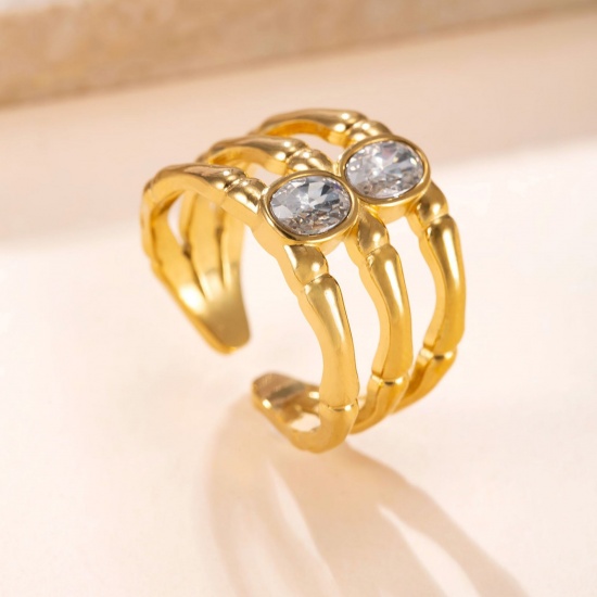 Picture of Wholesale Women's Gift Clear Rhinestone Open Adjustable Rings, 18K Gold Plated 304 Stainless Steel, Eco-friendly Vacuum Plating Exquisite Stylish Jewelry Supply, 17.5mm(US size 7.25), 1 Piece