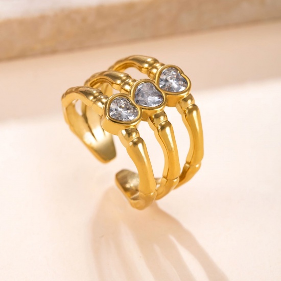 Picture of Wholesale Women's Gift Heart Clear Rhinestone Open Adjustable Rings, 18K Gold Plated 304 Stainless Steel, Eco-friendly Vacuum Plating Valentine's Day Stylish Jewelry Supply, 17.5mm(US size 7.25), 1 Piece