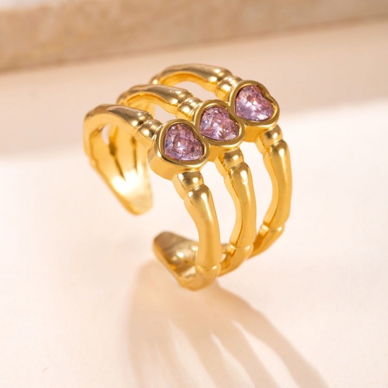 Picture of Wholesale Women's Gift Heart Pink Rhinestone Open Adjustable Rings, 18K Gold Plated 304 Stainless Steel, Eco-friendly Vacuum Plating Valentine's Day Stylish Jewelry Supply, 17.5mm(US size 7.25), 1 Piece