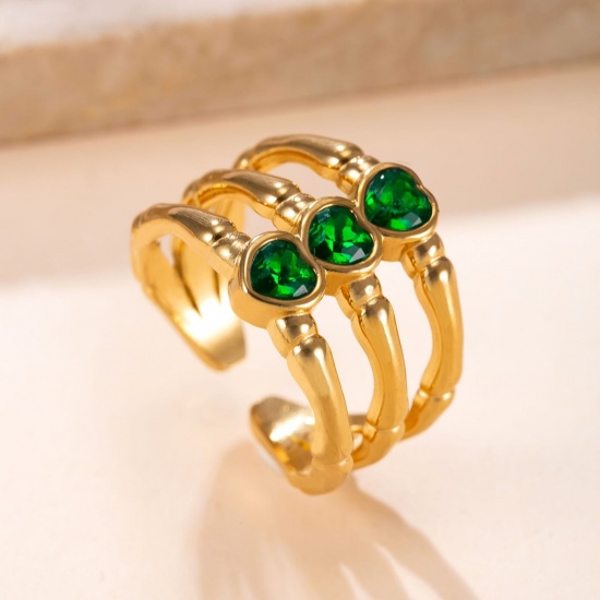 Picture of Wholesale Women's Gift Heart Green Rhinestone Open Adjustable Rings, 18K Gold Plated 304 Stainless Steel, Eco-friendly Vacuum Plating Valentine's Day Stylish Jewelry Supply, 17.5mm(US size 7.25), 1 Piece
