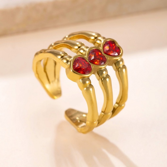 Picture of Wholesale Women's Gift Heart Red Rhinestone Open Adjustable Rings, 18K Gold Plated 304 Stainless Steel, Eco-friendly Vacuum Plating Valentine's Day Stylish Jewelry Supply, 17.5mm(US size 7.25), 1 Piece