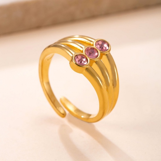 Picture of Wholesale Women's Gift Pink Rhinestone Open Adjustable Rings, 18K Gold Plated 304 Stainless Steel, Eco-friendly Vacuum Plating Exquisite Stylish Jewelry Supply, 17.5mm(US size 7.25), 1 Piece