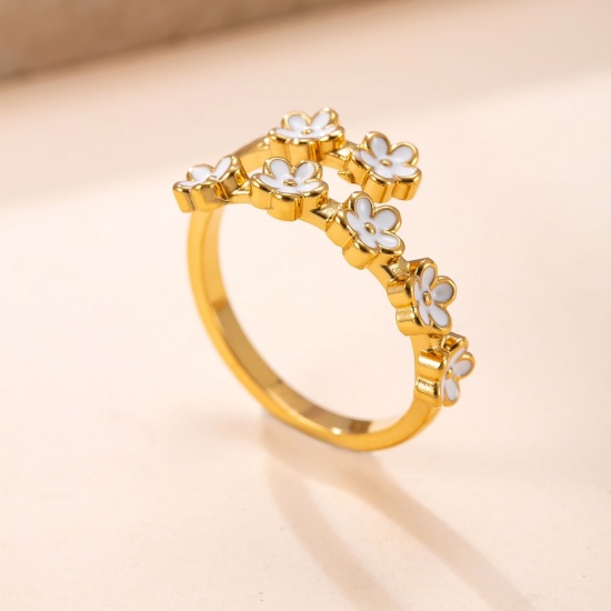 Picture of Wholesale Women's Gift Flower White Enamel Open Adjustable Wrap Rings, 18K Gold Plated 304 Stainless Steel, Eco-friendly Vacuum Plating Pastoral Style Exquisite Jewelry Supply, 17.5mm(US size 7.25), 1 Piece