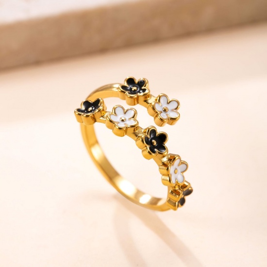 Picture of Wholesale Women's Gift Flower Black & White Enamel Open Adjustable Wrap Rings, 18K Gold Plated 304 Stainless Steel, Eco-friendly Vacuum Plating Pastoral Style Exquisite Jewelry Supply, 17.5mm(US size 7.25), 1 Piece