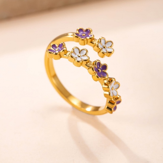 Picture of Wholesale Women's Gift Flower White & Purple Enamel Open Adjustable Wrap Rings, 18K Gold Plated 304 Stainless Steel, Eco-friendly Vacuum Plating Pastoral Style Exquisite Jewelry Supply, 17.5mm(US size 7.25), 1 Piece