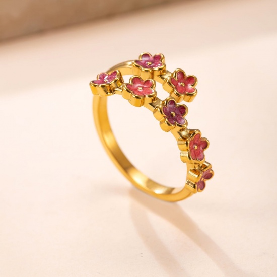 Picture of Wholesale Women's Gift Flower Red Enamel Open Adjustable Wrap Rings, 18K Gold Plated 304 Stainless Steel, Eco-friendly Vacuum Plating Pastoral Style Exquisite Jewelry Supply, 17.5mm(US size 7.25), 1 Piece