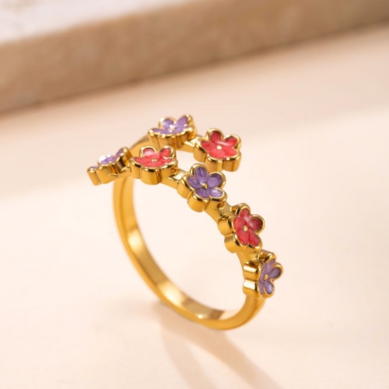 Picture of Wholesale Women's Gift Flower Red & Purple Enamel Open Adjustable Wrap Rings, 18K Gold Plated 304 Stainless Steel, Eco-friendly Vacuum Plating Pastoral Style Exquisite Jewelry Supply, 17.5mm(US size 7.25), 1 Piece