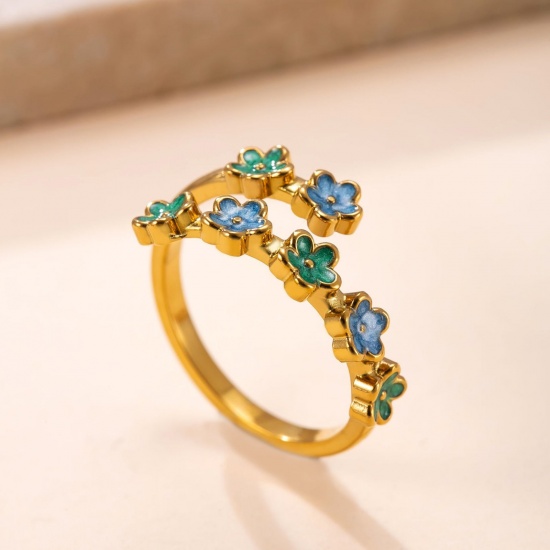 Picture of Wholesale Women's Gift Flower Blue & Green Enamel Open Adjustable Wrap Rings, 18K Gold Plated 304 Stainless Steel, Eco-friendly Vacuum Plating Pastoral Style Exquisite Jewelry Supply, 17.5mm(US size 7.25), 1 Piece