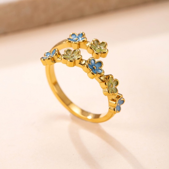 Picture of Wholesale Women's Gift Flower Yellow & Blue Enamel Open Adjustable Wrap Rings, 18K Gold Plated 304 Stainless Steel, Eco-friendly Vacuum Plating Pastoral Style Exquisite Jewelry Supply, 17.5mm(US size 7.25), 1 Piece