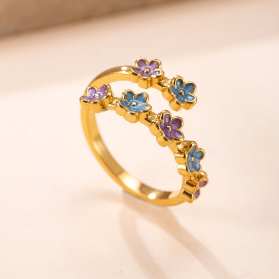 Picture of Wholesale Women's Gift Flower Purple & Blue Enamel Open Adjustable Wrap Rings, 18K Gold Plated 304 Stainless Steel, Eco-friendly Vacuum Plating Pastoral Style Exquisite Jewelry Supply, 17.5mm(US size 7.25), 1 Piece