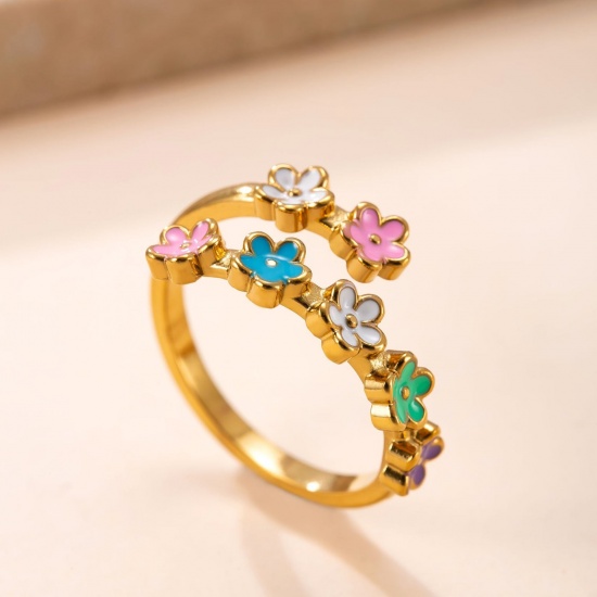 Picture of Wholesale Women's Gift Flower Multicolor Enamel Open Adjustable Wrap Rings, 18K Gold Plated 304 Stainless Steel, Eco-friendly Vacuum Plating Pastoral Style Exquisite Jewelry Supply, 17.5mm(US size 7.25), 1 Piece