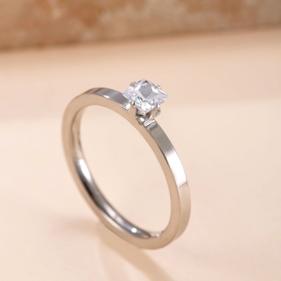 Immagine di Donne Regalo Trasparente Strass Anello All'Ingrosso, Tono Argento 304 Acciaio Inossidabile, Ecologico Squisito Elegante Fornitura di Gioielli, 16.5mm (taglia di US: 6), 1 Pz