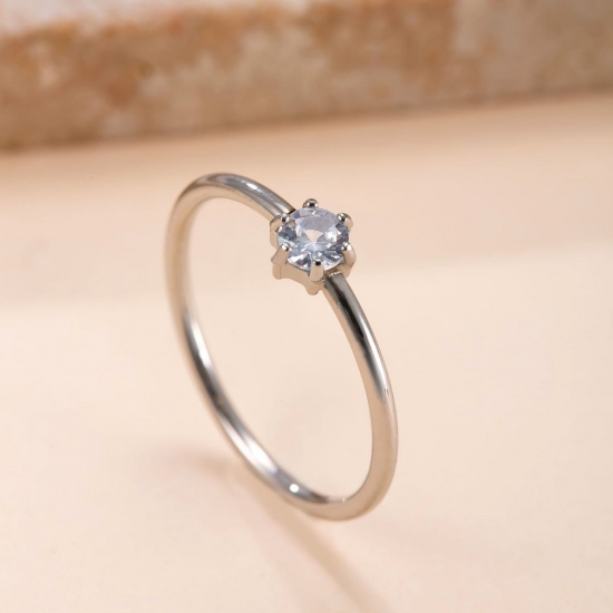 Immagine di Donne Regalo Trasparente Strass Anello All'Ingrosso, Tono Argento 304 Acciaio Inossidabile, Ecologico Squisito Elegante Fornitura di Gioielli, 18.9mm (taglia di US: 9), 1 Pz