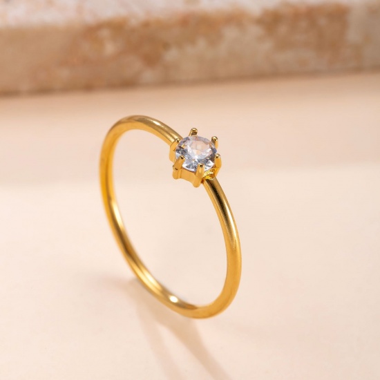 Immagine di Donne Regalo Trasparente Strass Anello All'Ingrosso, Placcato Oro 18K 304 Acciaio Inossidabile, Placcatura Sottovuoto Ecologica Squisito Elegante Fornitura di Gioielli, 17.3mm (taglia di US: 7), 1 Pz
