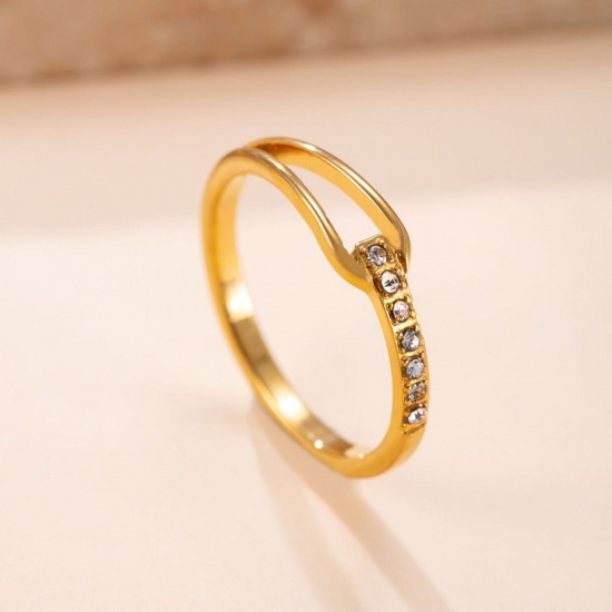 Picture of Wholesale Women's Gift Clear Rhinestone Rings, 18K Gold Plated 304 Stainless Steel, Eco-friendly Vacuum Plating Exquisite Stylish Jewelry Supply, 18.9mm(US Size 9), 1 Piece