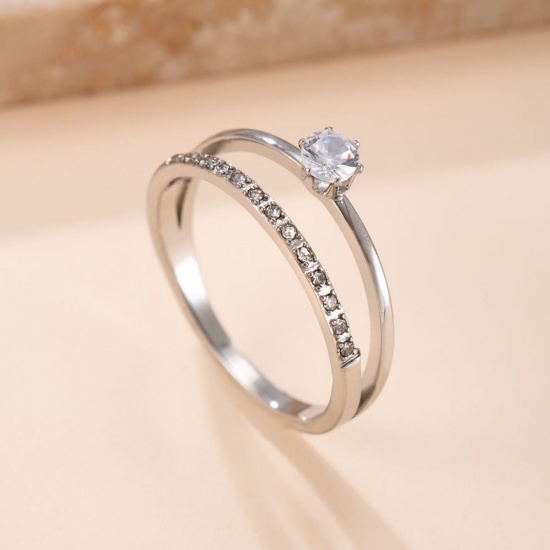 Picture of Wholesale Women's Gift Clear Rhinestone Rings, Silver Tone 304 Stainless Steel, Eco-friendly Exquisite Stylish Jewelry Supply, 18.9mm(US Size 9), 1 Piece