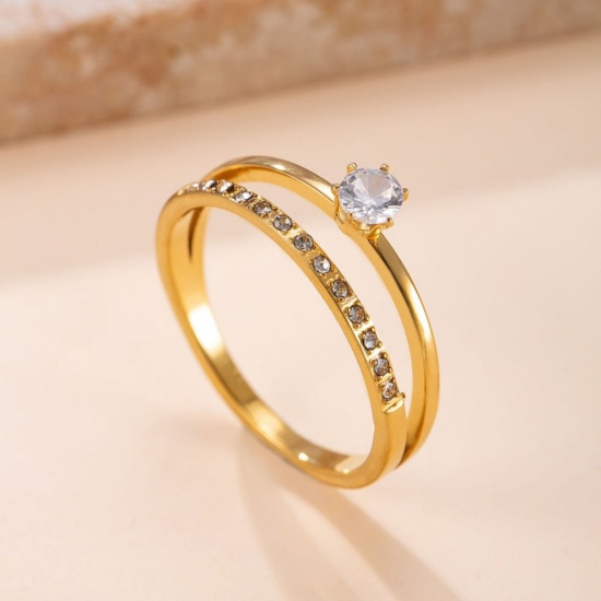 Picture of Wholesale Women's Gift Clear Rhinestone Rings, 18K Gold Plated 304 Stainless Steel, Eco-friendly Vacuum Plating Exquisite Stylish Jewelry Supply, 16.5mm(US Size 6), 1 Piece