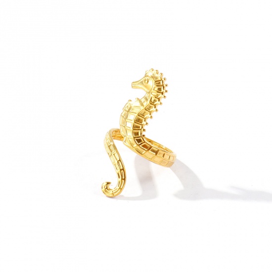 Bild von Großhandel Frauen Geschenk Seepferdchen Offen Verstellbar Ring, 18K Vergoldet 304 Edelstahl, Umweltfreundliche PVD Ozean Schmuck Stilvoll Schmuckbedarf, 17.3mm（US Größe:7), 1 Stück