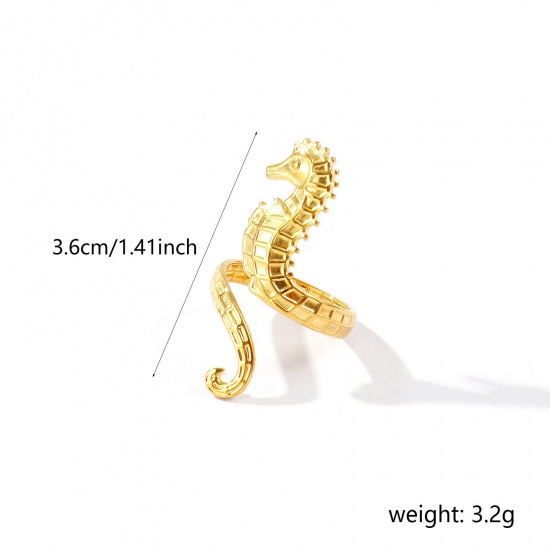 Bild von Großhandel Frauen Geschenk Seepferdchen Offen Verstellbar Ring, 18K Vergoldet 304 Edelstahl, Umweltfreundliche PVD Ozean Schmuck Stilvoll Schmuckbedarf, 17.3mm（US Größe:7), 1 Stück