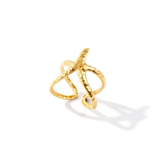 Bild von Großhandel Frauen Geschenk Seesterne Offen Verstellbar Ring, 18K Vergoldet 304 Edelstahl, Umweltfreundliche PVD Ozean Schmuck Stilvoll Schmuckbedarf, 17.3mm（US Größe:7), 1 Stück
