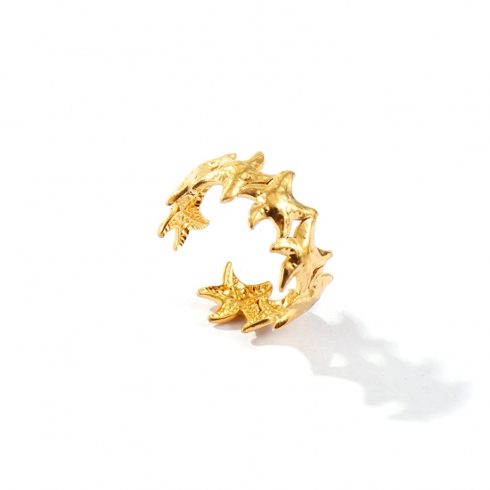 Bild von Großhandel Frauen Geschenk Seesterne Offen Verstellbar Ring, 18K Vergoldet 304 Edelstahl, Umweltfreundliche PVD Ozean Schmuck Stilvoll Schmuckbedarf, 17.3mm（US Größe:7), 1 Stück
