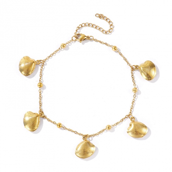Picture of Wholesale Shell 304 Stainless Steel Station Anklet, 18K Real Gold Plated Eco-friendly PVD, Women's Ocean Jewelry Stylish Gift Jewelry Supply, 21cm(8.3") + 5cm(2") long, 1 Piece