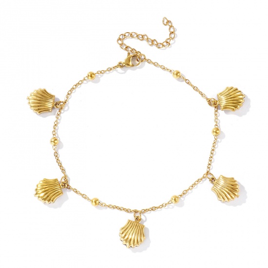 Picture of Wholesale Shell 304 Stainless Steel Station Anklet, 18K Real Gold Plated Eco-friendly PVD, Women's Ocean Jewelry Stylish Gift Jewelry Supply, 21cm(8.3") + 5cm(2") long, 1 Piece
