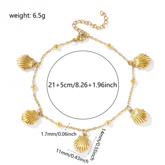 Picture of Wholesale Shell 304 Stainless Steel Station Anklet, 18K Real Gold Plated Eco-friendly PVD, Women's Ocean Jewelry Stylish Gift Jewelry Supply, 21cm(8.3") + 5cm(2") long, 1 Piece