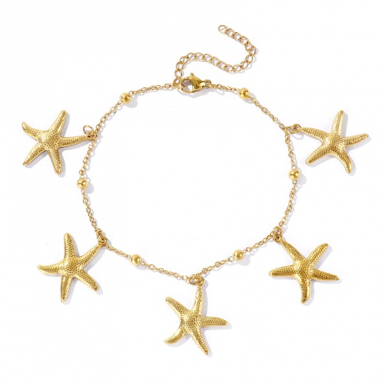Picture of Wholesale Starfish 304 Stainless Steel Station Anklet, 18K Real Gold Plated Eco-friendly PVD, Women's Ocean Jewelry Stylish Gift Jewelry Supply, 21cm(8.3") + 5cm(2") long, 1 Piece
