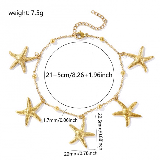 Picture of Wholesale Starfish 304 Stainless Steel Station Anklet, 18K Real Gold Plated Eco-friendly PVD, Women's Ocean Jewelry Stylish Gift Jewelry Supply, 21cm(8.3") + 5cm(2") long, 1 Piece
