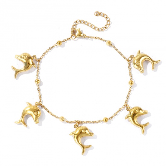 Picture of Wholesale Dolphin Animal 304 Stainless Steel Station Anklet, 18K Real Gold Plated Eco-friendly PVD, Women's Ocean Jewelry Stylish Gift Jewelry Supply, 21cm(8.3") + 5cm(2") long, 1 Piece