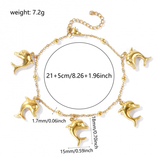Picture of Wholesale Dolphin Animal 304 Stainless Steel Station Anklet, 18K Real Gold Plated Eco-friendly PVD, Women's Ocean Jewelry Stylish Gift Jewelry Supply, 21cm(8.3") + 5cm(2") long, 1 Piece
