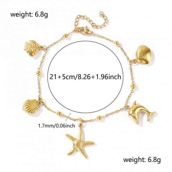 Picture of Wholesale Starfish Shell 304 Stainless Steel Station Anklet, 18K Real Gold Plated Eco-friendly PVD, Women's Ocean Jewelry Stylish Gift Jewelry Supply, 21cm(8.3") + 5cm(2") long, 1 Piece