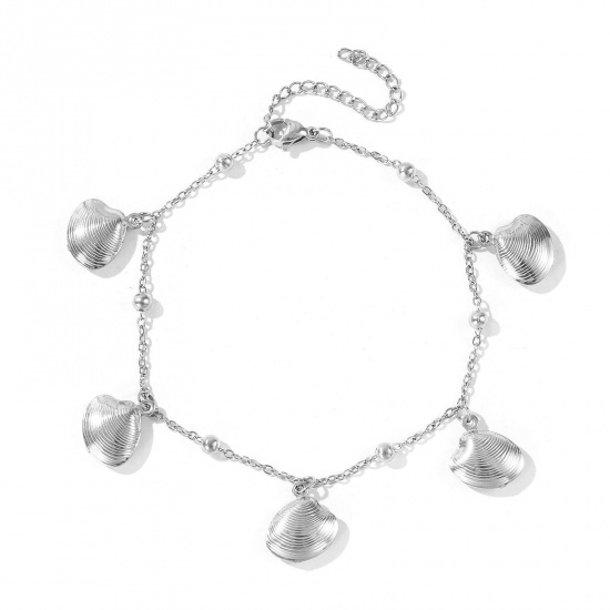 Picture of Wholesale Shell 304 Stainless Steel Station Anklet, Silver Tone Women's Ocean Jewelry Stylish Gift Jewelry Supply, 21cm(8.3") + 5cm(2") long, 1 Piece