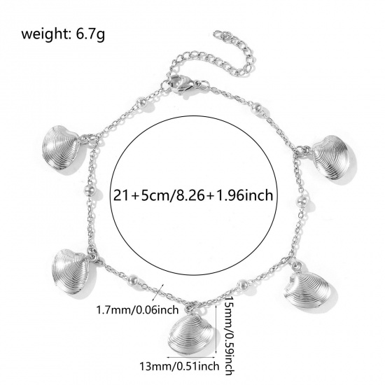 Picture of Wholesale Shell 304 Stainless Steel Station Anklet, Silver Tone Women's Ocean Jewelry Stylish Gift Jewelry Supply, 21cm(8.3") + 5cm(2") long, 1 Piece