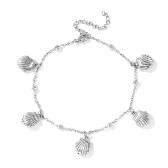 Picture of Wholesale Shell 304 Stainless Steel Station Anklet, Silver Tone Women's Ocean Jewelry Stylish Gift Jewelry Supply, 21cm(8.3") + 5cm(2") long, 1 Piece